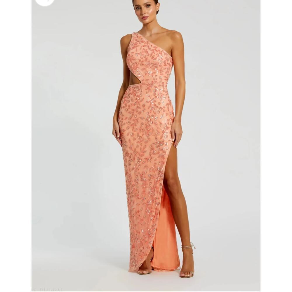 Mac Duggal One-Shoulder Coral Embellished Maxi Dress